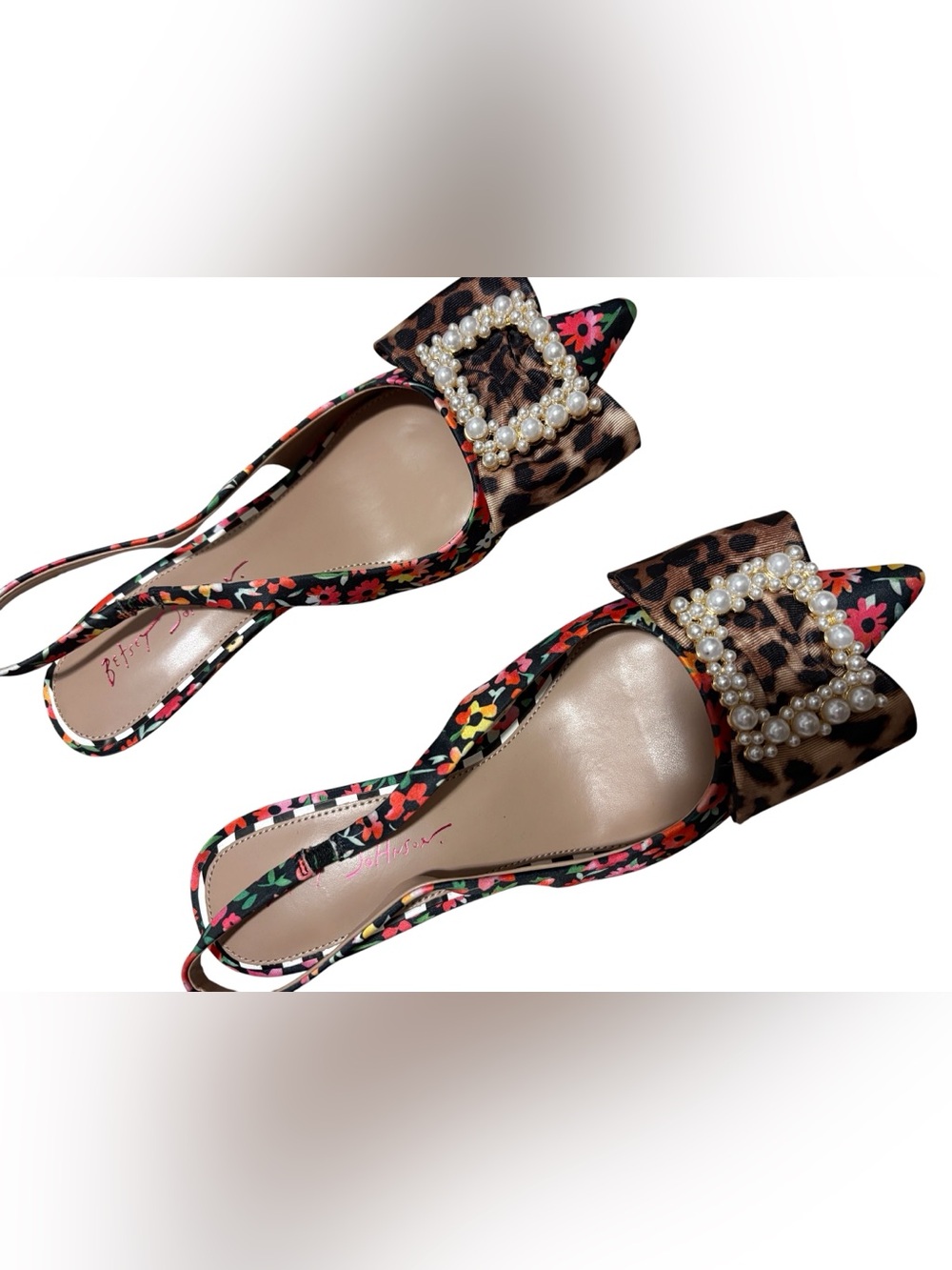 Betsey Johnson Multicolor Floral & Leopard Pearl-Buckle Slingback Heels - Picture 2 of 4